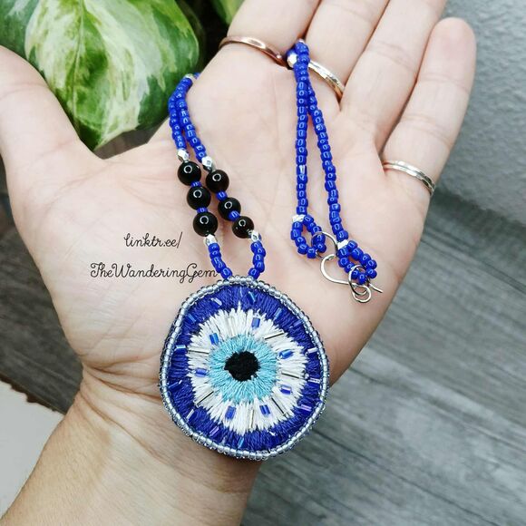 Hand Embroidered Evil Eye Beaded Choker Necklace, 15" - Picture 6 of 7